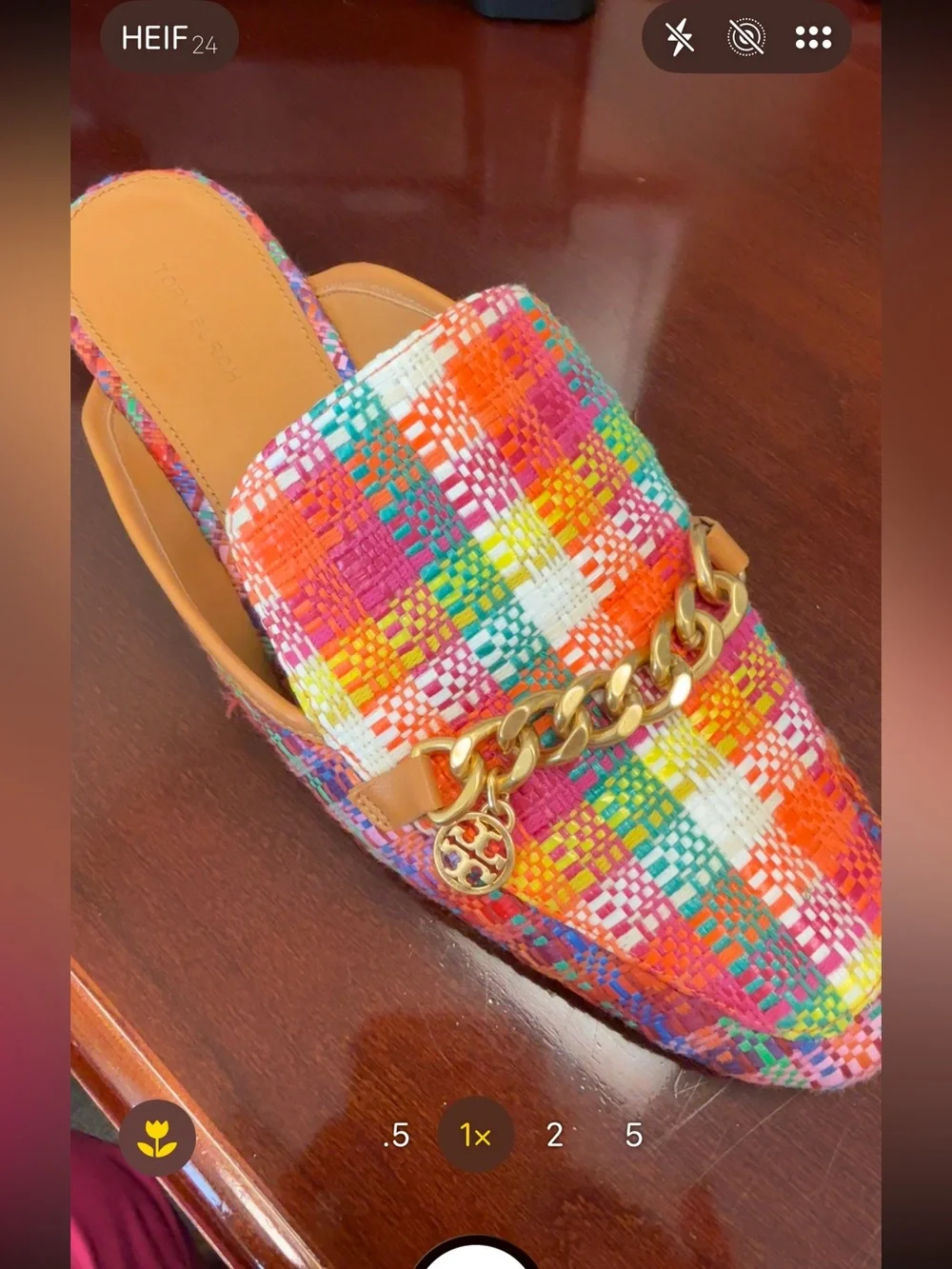 Tory Burch sz 9 Woven Multicolor Slide Mule with Gold Chain Detail